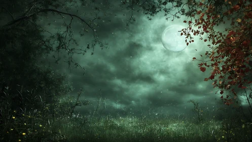Moonlit forest clearing under brooding emerald skies.