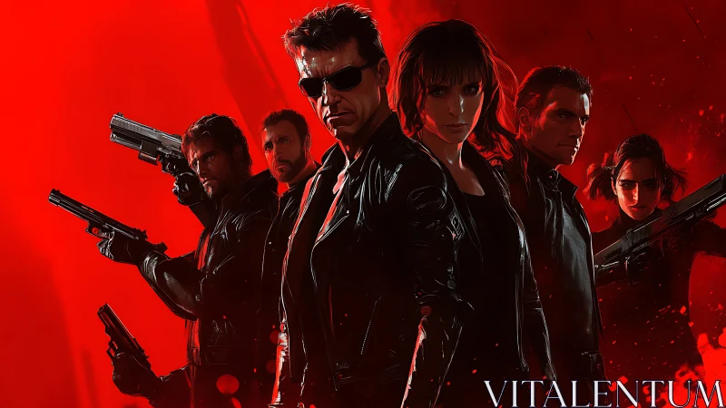 Armed leather-clad team stands against intense red backdrop