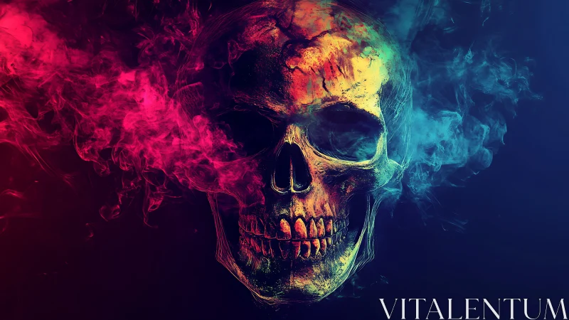 Vibrant neon skull glows amid swirling red and blue smoke
