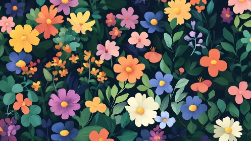 Dense floral composition with varied color palette on dark background.