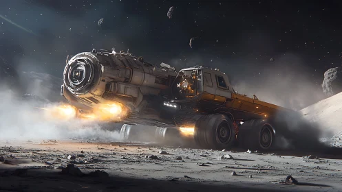 Lunar heavy hauler rover ignites thrusters on crater rim.