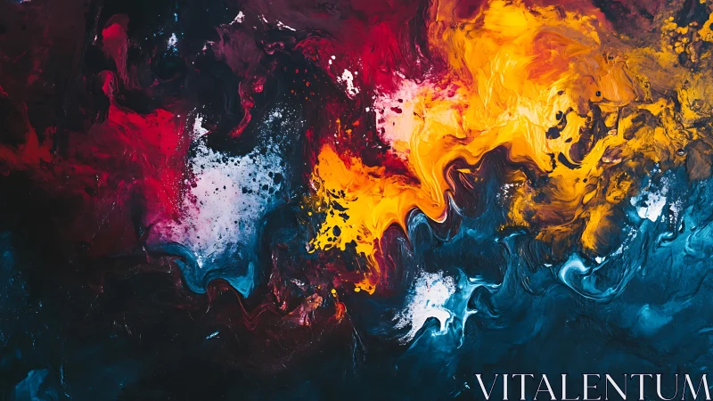 Chromatic fluid turbulence across multi-directional pigment flows.