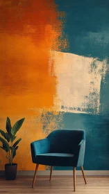 Teal lounge chair anchors bold teal orange abstract wall.