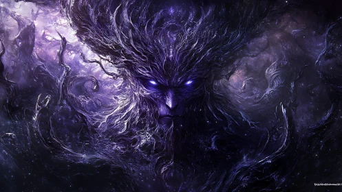 Cosmic void entity emerges with glowing violet eyes.