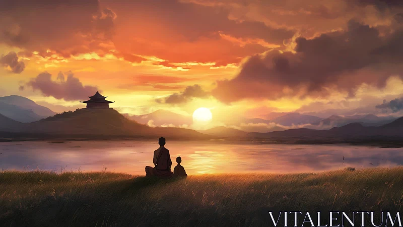 Monks observe tranquil lakeside sunset over distant temple