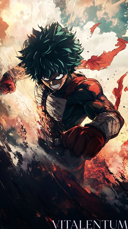 Determined anime hero charges forward through blazing clouds.