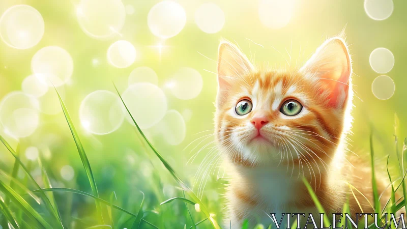 Golden Kitten in Spring Meadow. Soft Focus Portrait.