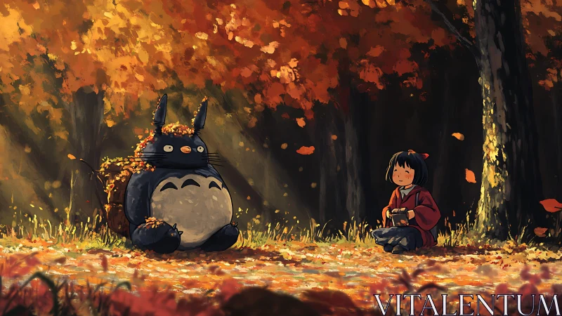 Autumn forest rendezvous with stylized creature and child duo.