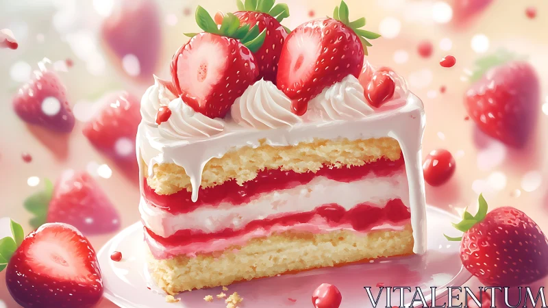 Layered strawberry cake slice with whipped cream frosting and fresh berries