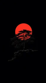 Silhouetted tree stands before a circular red sun backdrop