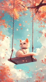 White Cat on Swing Beneath Autumn Foliage.