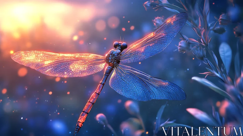 Luminous dragonfly drifting through dreamy evening light.