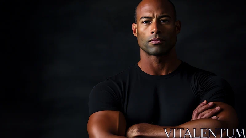 Strong athletic man in black shirt against dark studio backdrop.