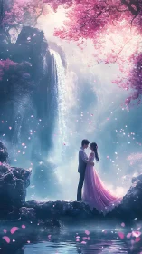 Couple at waterfall with pink blossoms and particles.