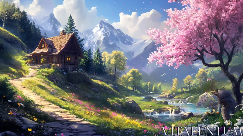 Sunlit mountain cottage welcomes spring beside a bright river