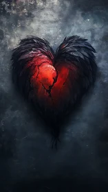 Shattered ember heart wrapped in storm-dark raven feathers.