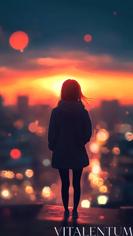 Solitary figure watching a neon sunset above the cityscape.