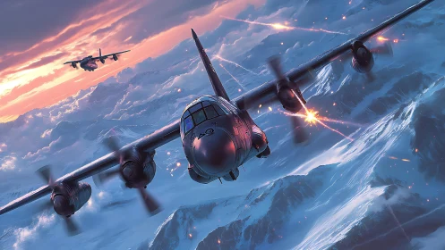 Gunship aircraft slice through blazing arctic firefight skies.