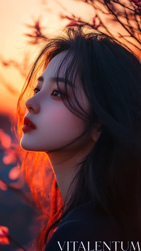 Sunlit profile of a serene woman at glowing sunset.