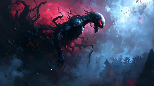 Alien shadow creature emerges through violent red mist