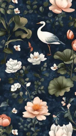 White heron among lotus flowers on deep blue ground.