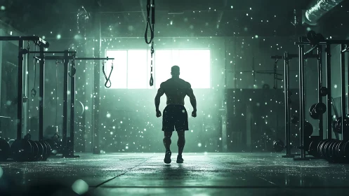 Silhouetted male figure in weight training gym interior.