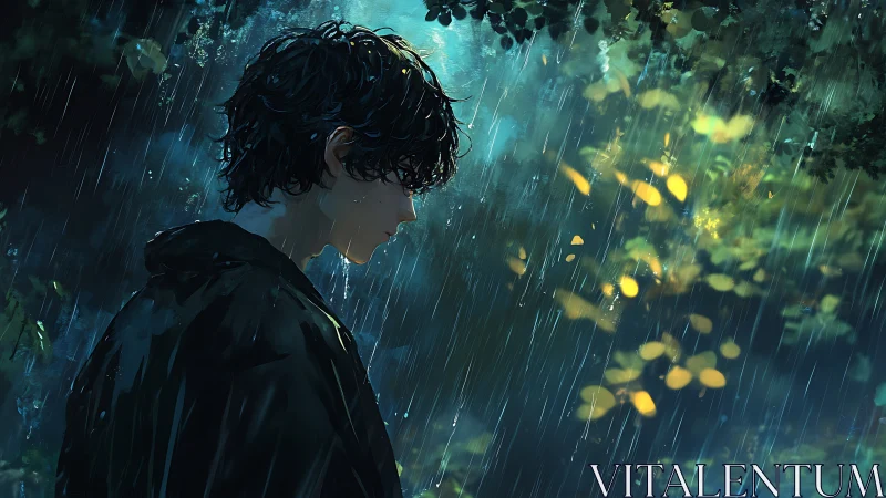 Side profile of youth in forest rain with blurred foliage.