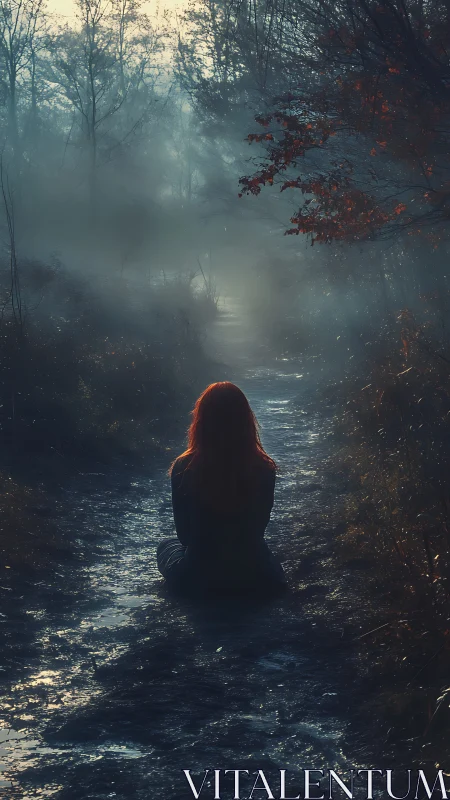 Red-haired dreamer pauses calmly on a misty forest path