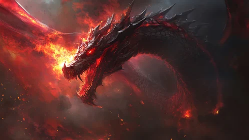 Fiery dragon roaring through swirling smoke and burning sky.