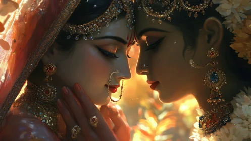 Divine Bride. Golden radiance illuminates ornate Indian wedding portrait.