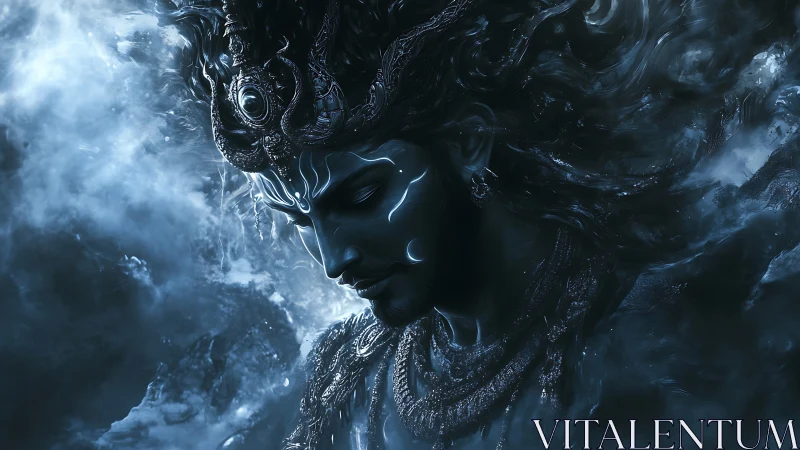 Mythic male figure in monochrome blue digital rendering.