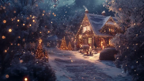 Snow-covered cottage glows with festive bokeh lighting at dusk