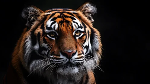Tiger portrait on dark background with sharp intense gaze.