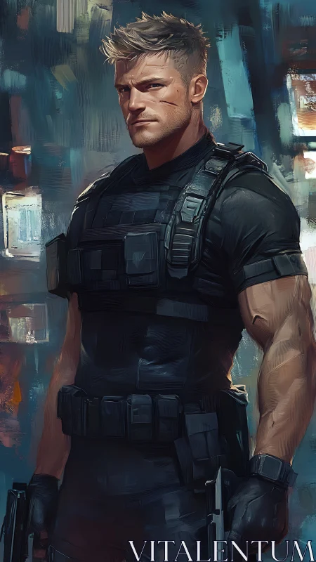 Tactical operative portrait in brush-textured digital armor.