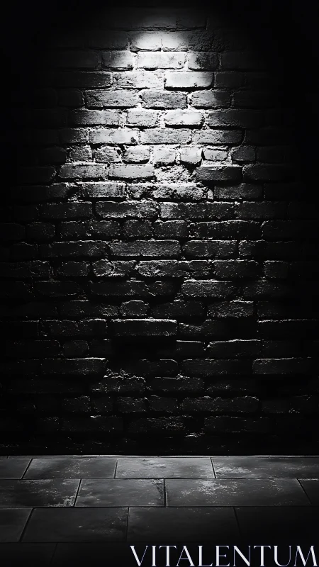 Single overhead spotlight on rough brick wall and stone floor