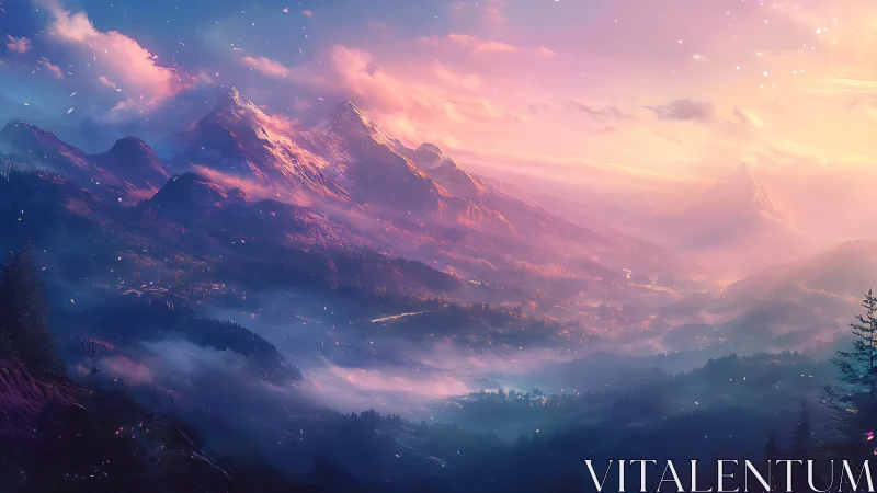 Mountain range landscape in diffuse pink and blue light.