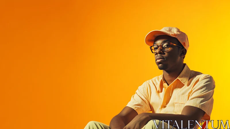 Man in pastel clothing sits against solid orange gradient