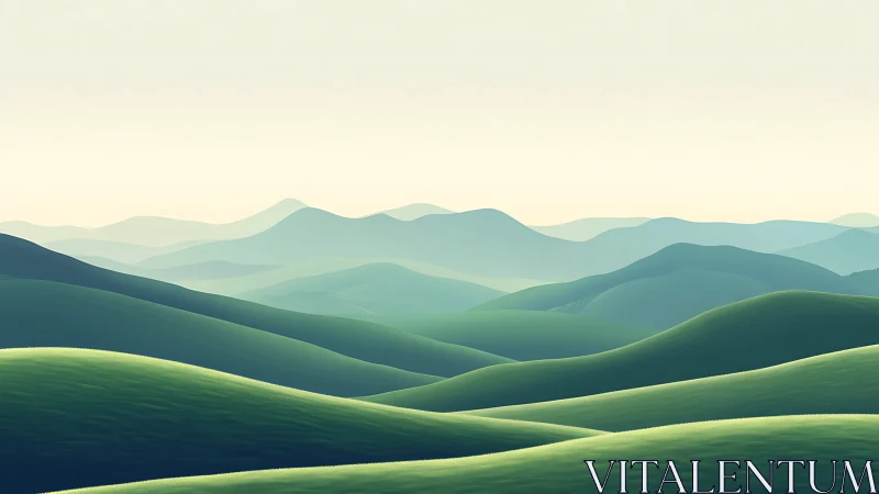 Layered emerald hills under hazy sunrise gradients.