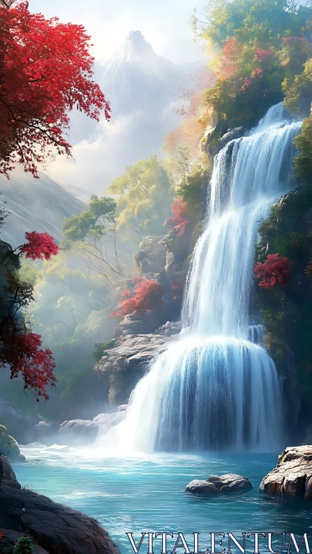 Multi-tier cataract waterfall in luminous alpine ravine.