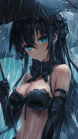 Anime girl stands in heavy rain holding umbrella in close view