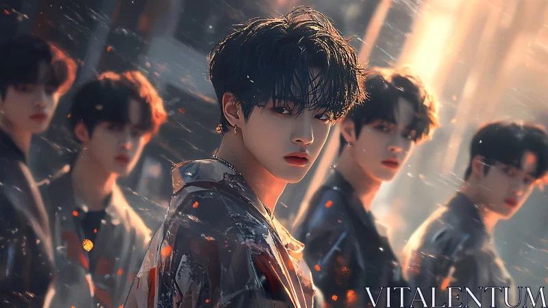 Five young males in stylized digital portrait under warm light.