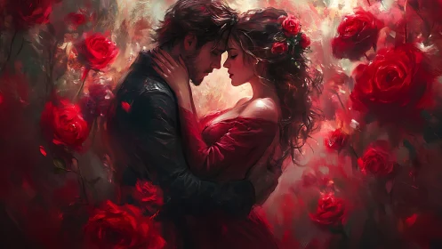 Two souls locked in velvet passion beneath crimson blooms