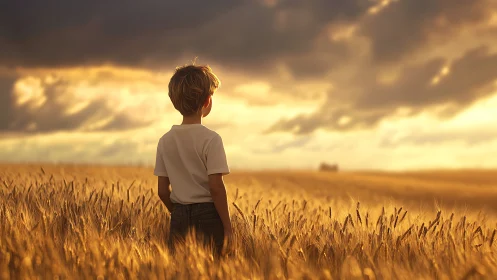 Backlit child observes storm-lit wheat field under dramatic sky