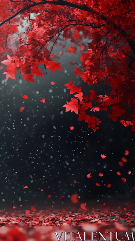 Crimson maple leaves drift softly through a misty twilight
