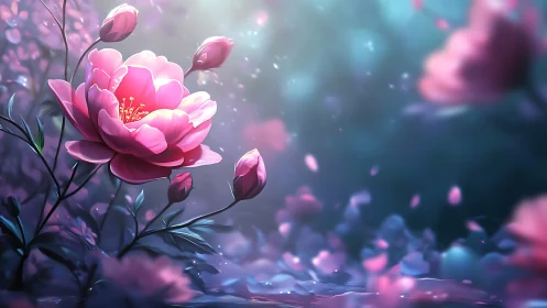 Pink Peonies Blooming Against Ethereal Blue Mist.