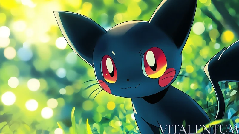 Bright-eyed stylized black cat in luminous forest bokeh.
