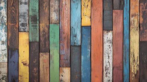 Vertically aligned reclaimed planks show multicolor distressed paint grain