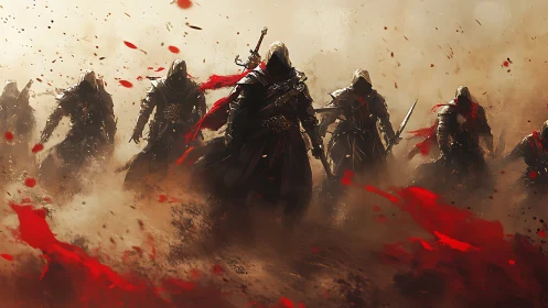 Digital painting of hooded warriors advancing through blooded dust.