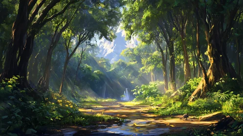 Ancient Forest Stream Through Canopy Light.