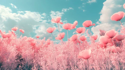 Infrared-style poppy meadow under cyan sky with soft clouds
